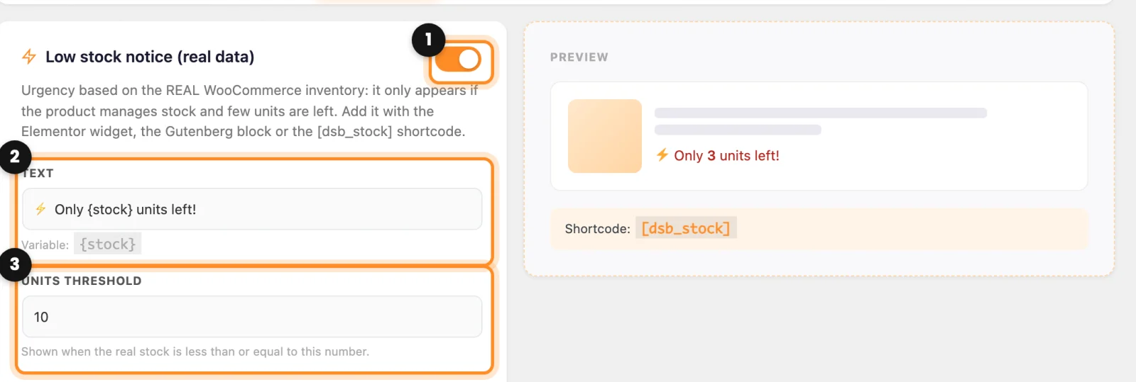 The Low stock tab with the switch, the text with {stock} and the units threshold marked, and the preview on the right