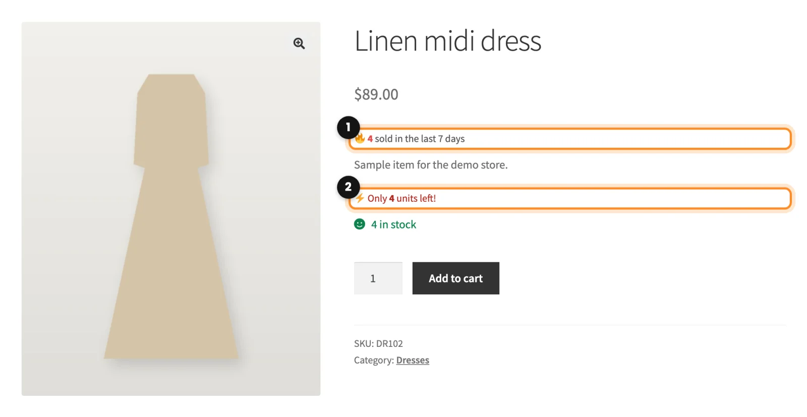 A product page with 4 sold in the last 7 days and Only 4 units left marked under the price