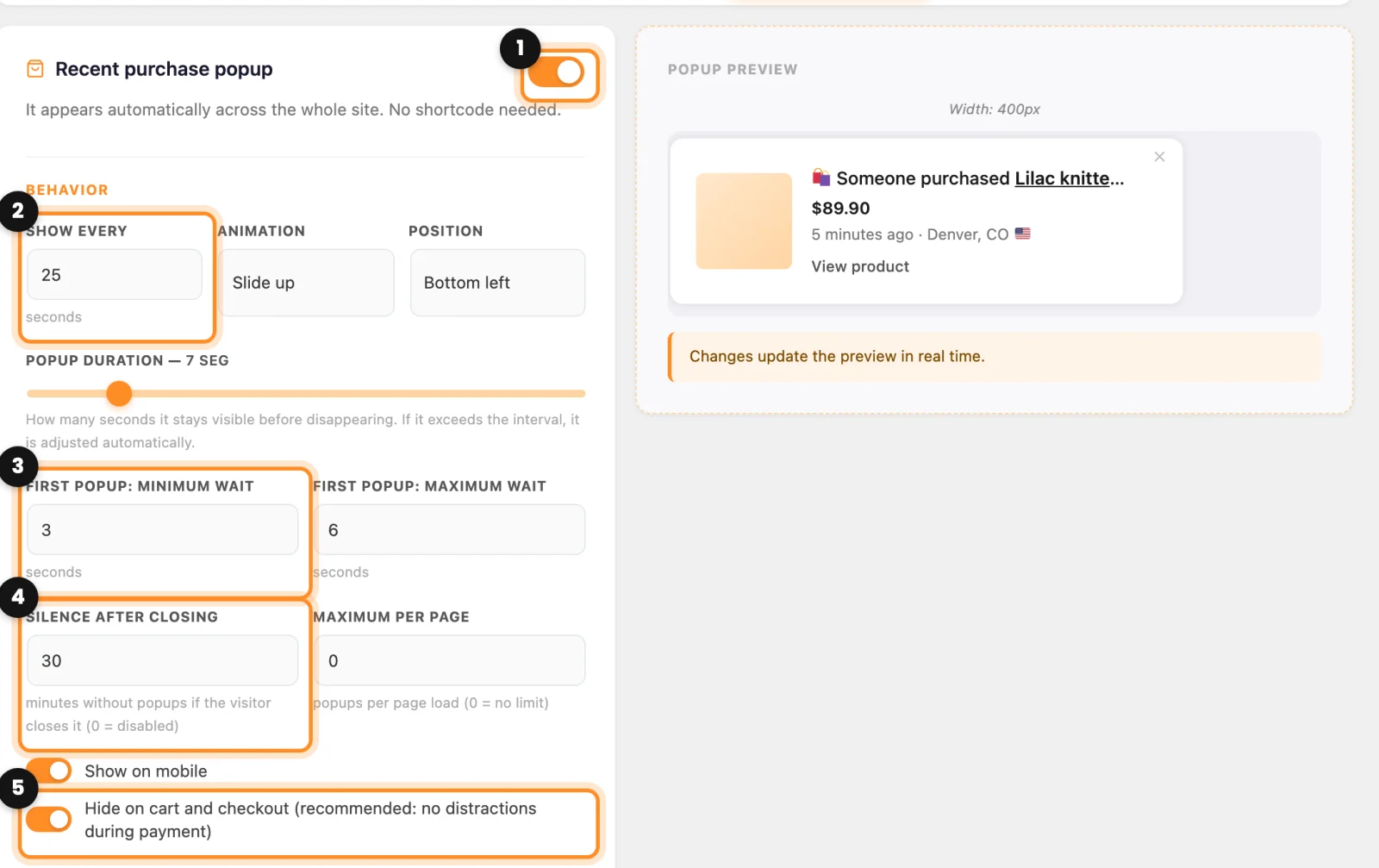The Behavior section of the popup with the switch, Show every, the first popup wait, Silence after closing and Hide on cart and checkout marked, and the preview on the right