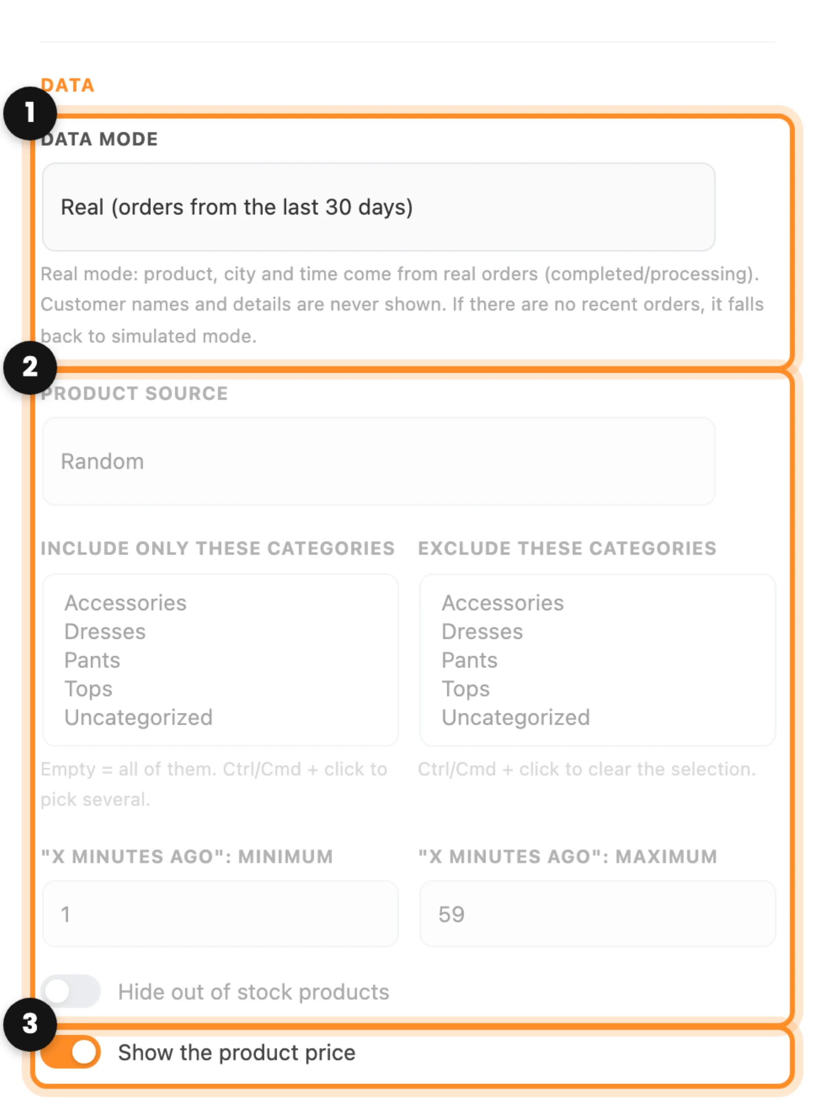 The Data section of the popup with the Real data mode, the grayed-out simulated options and Show the product price marked