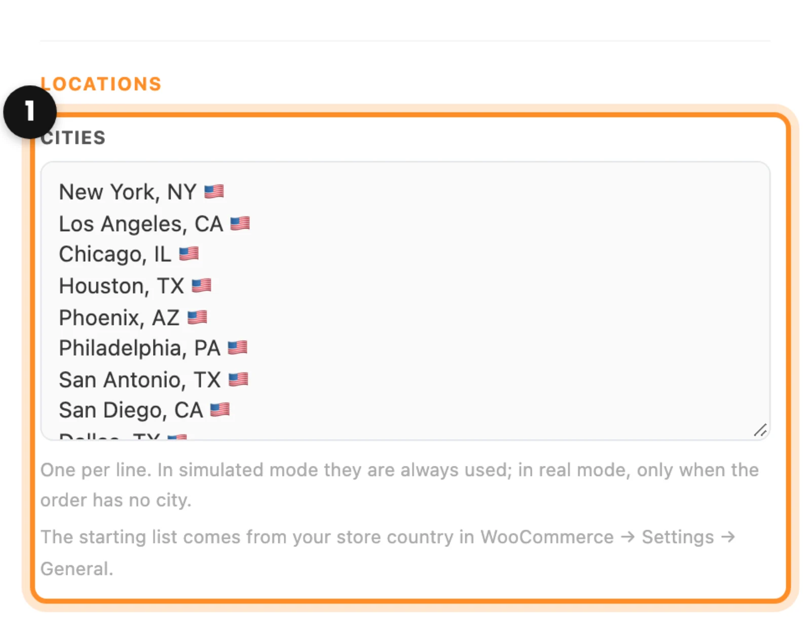 The Cities box with a list of United States cities, one per line, marked