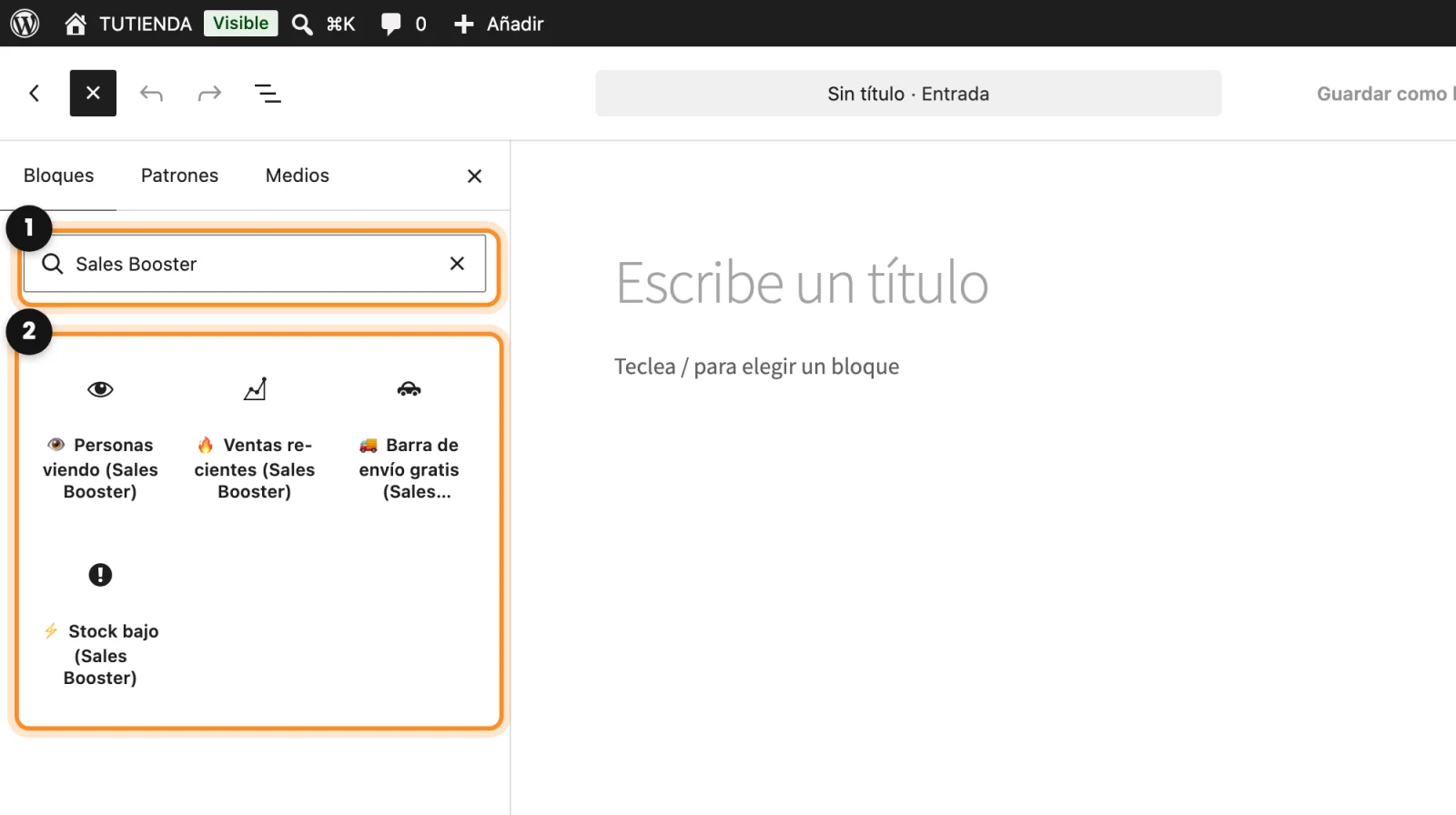 El buscador de bloques con Sales Booster escrito y los cuatro bloques del plugin marcados