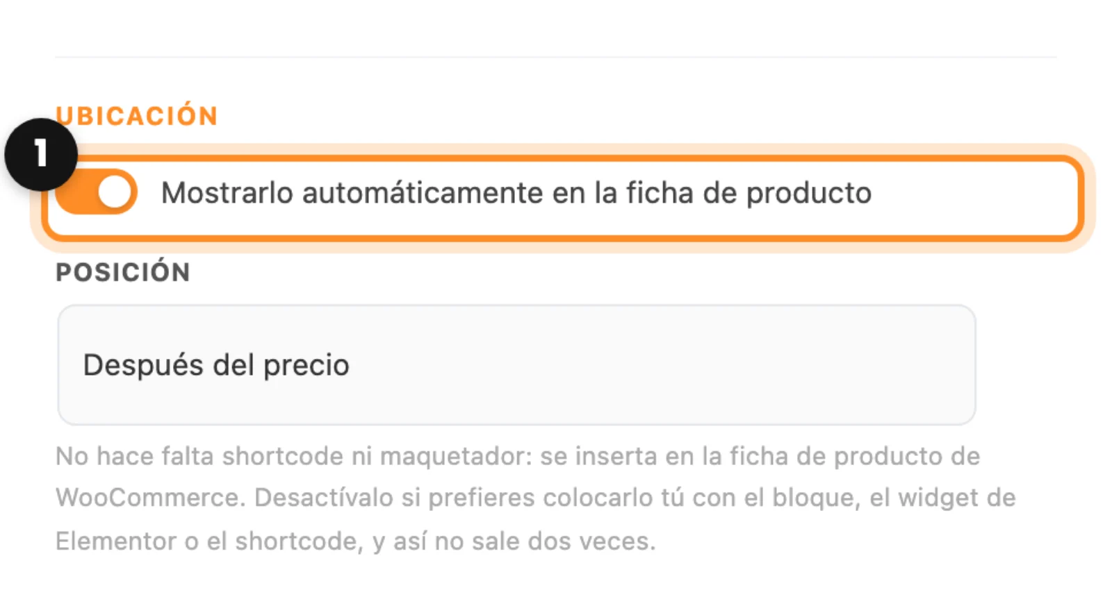 La sección Ubicación con el interruptor Mostrarlo automáticamente en la ficha de producto marcado