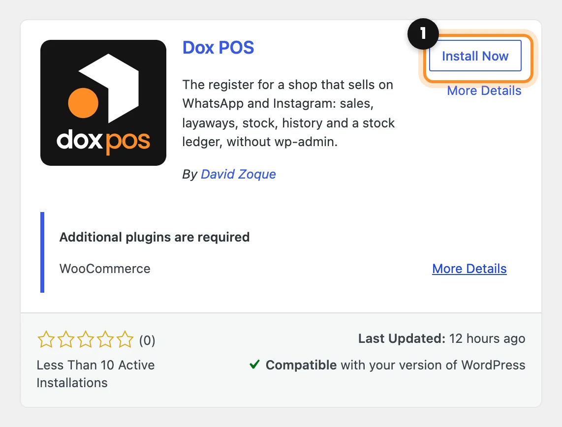 The Dox POS card in the WordPress plugin directory, with Install Now marked