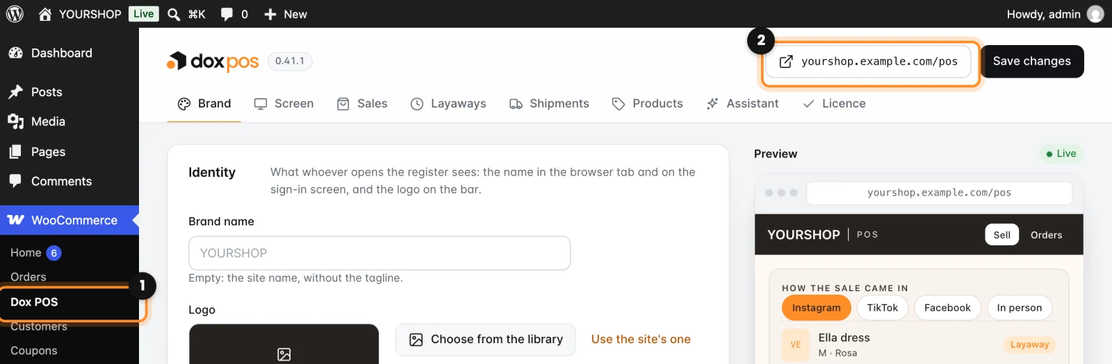 The Dox POS settings in WordPress, with the menu entry and the register address marked