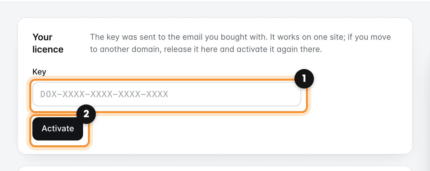The Licence tab with the key field and the Activate button marked