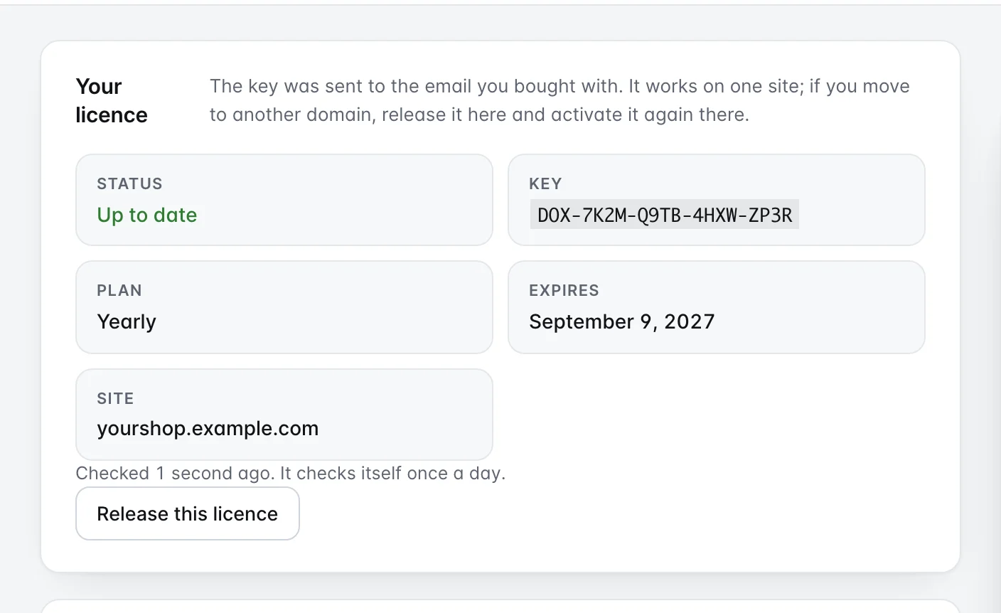 An active licence: up to date, yearly plan, expiry date and site