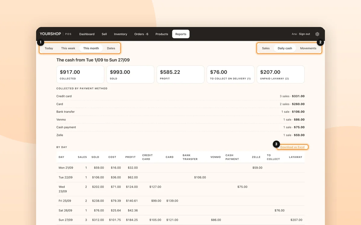 Reports: sales, the daily cash and the stock ledger