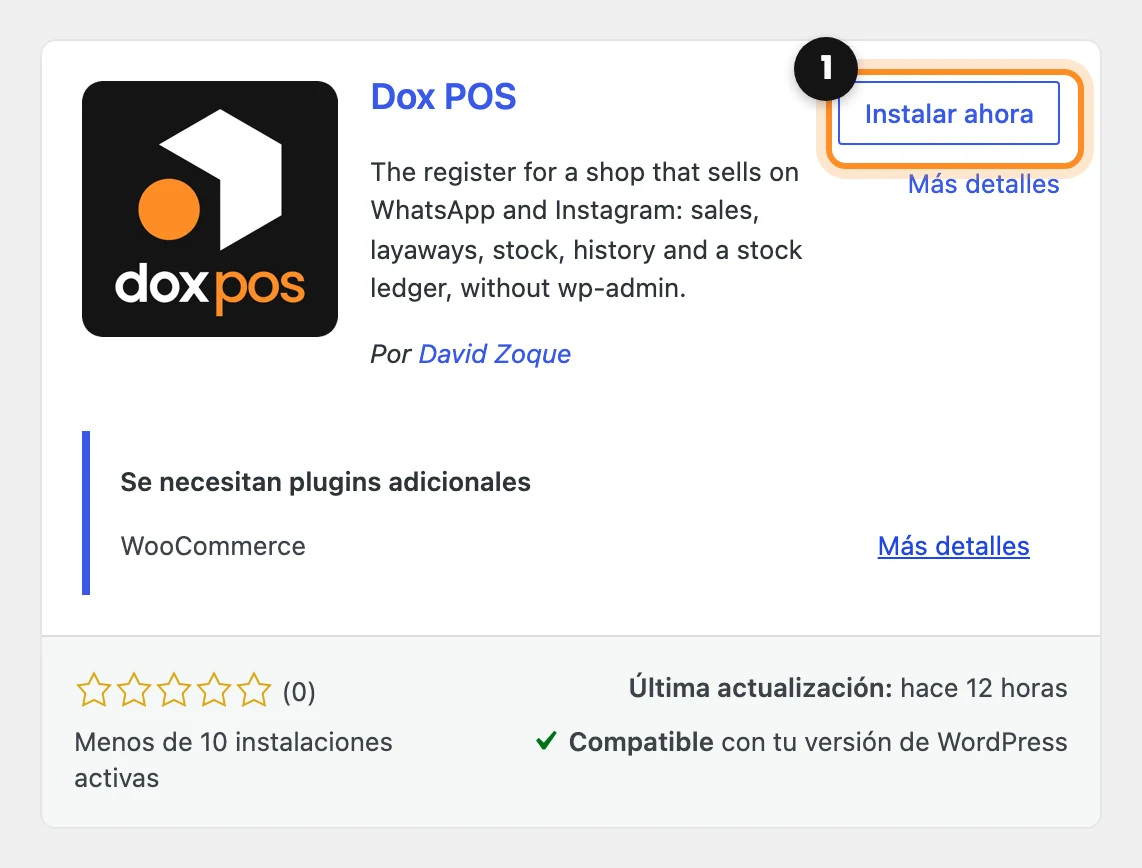 La tarjeta de Dox POS en el directorio de plugins de WordPress, con Instalar ahora marcado