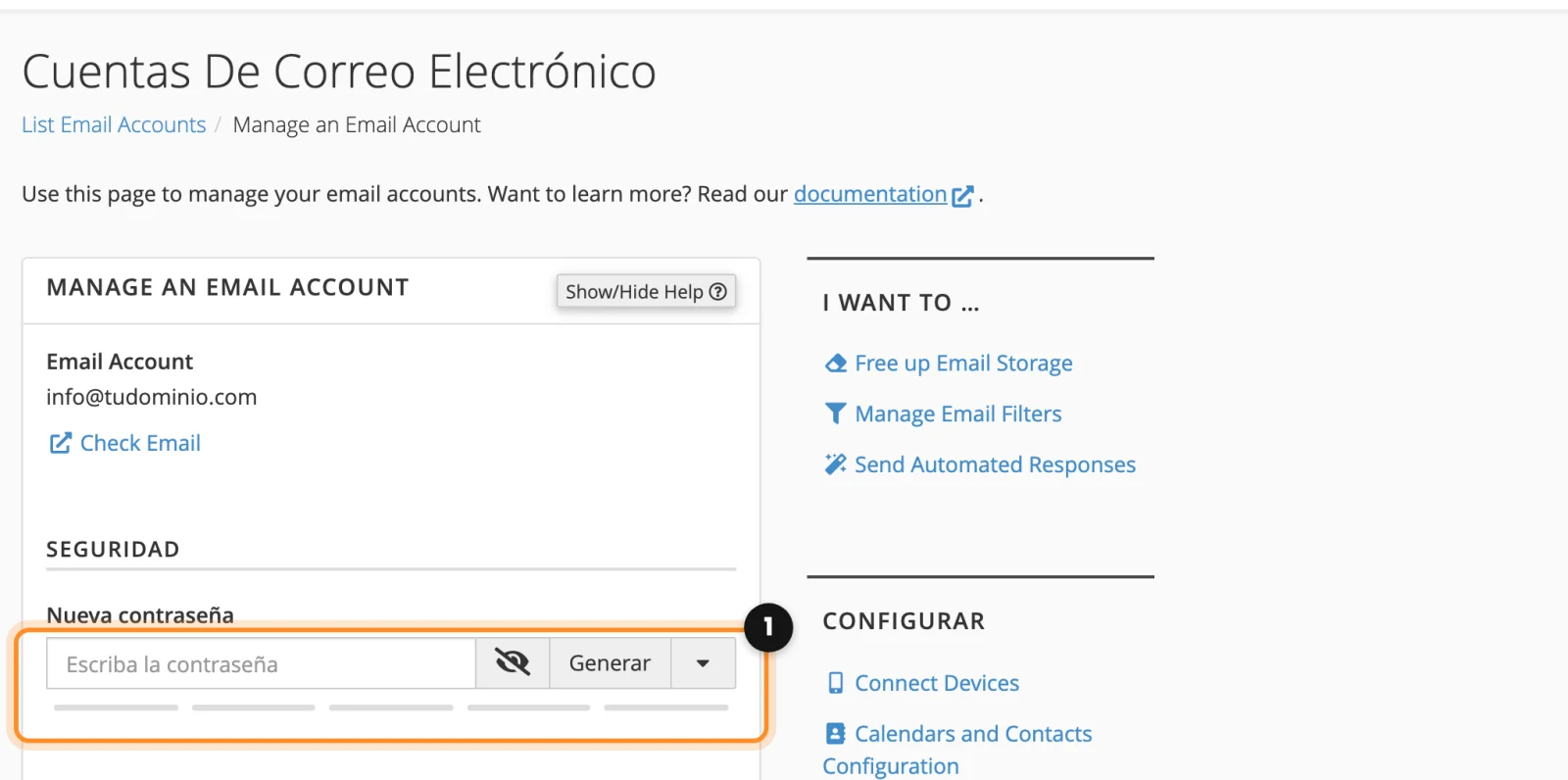 La página para administrar una cuenta de correo, con el campo Nueva contraseña marcado
