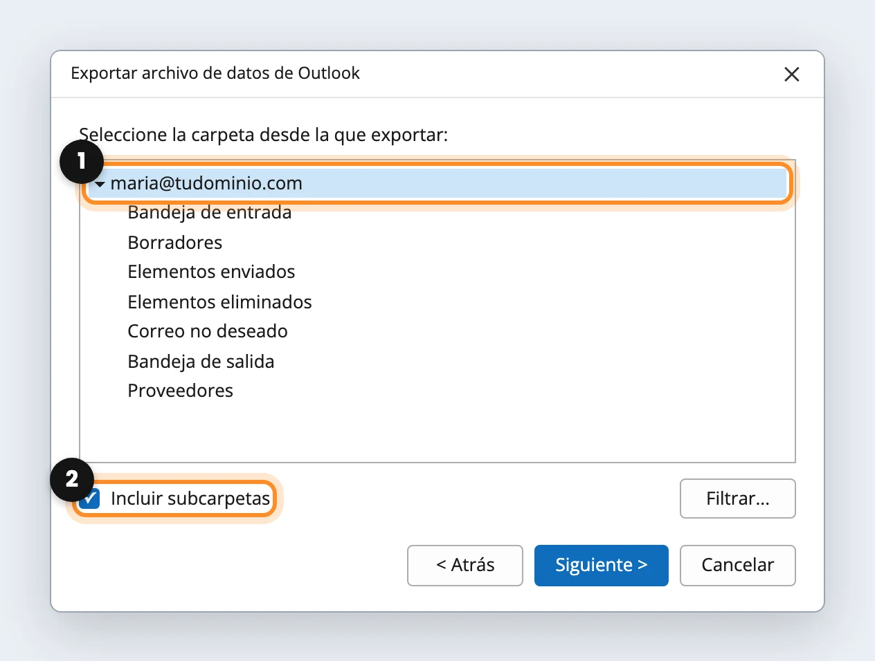 La ventana de exportar de Outlook con la cuenta completa seleccionada e Incluir subcarpetas marcado