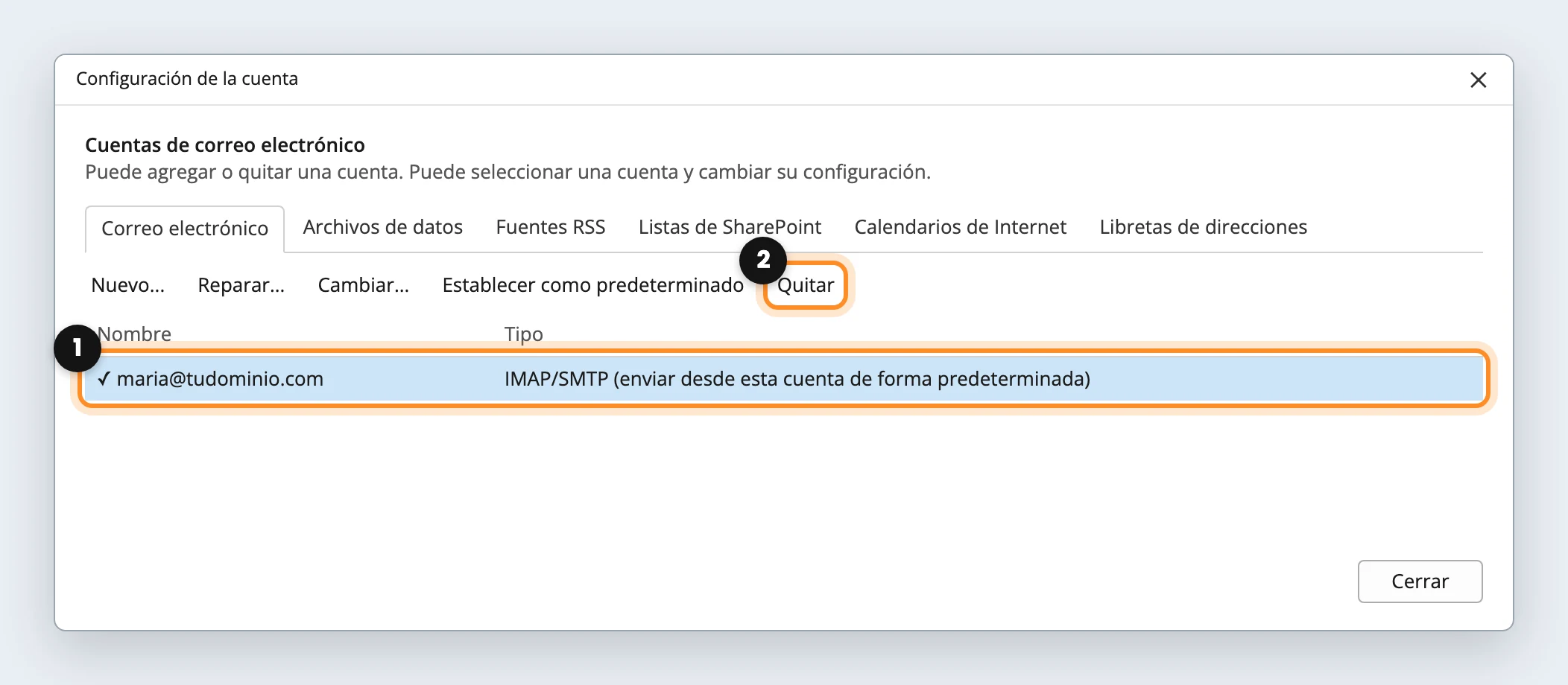 Configuración de la cuenta de Outlook con la cuenta IMAP seleccionada y el botón Quitar