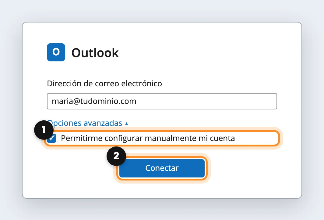 Agregar cuenta en Outlook con Permitirme configurar manualmente mi cuenta marcado