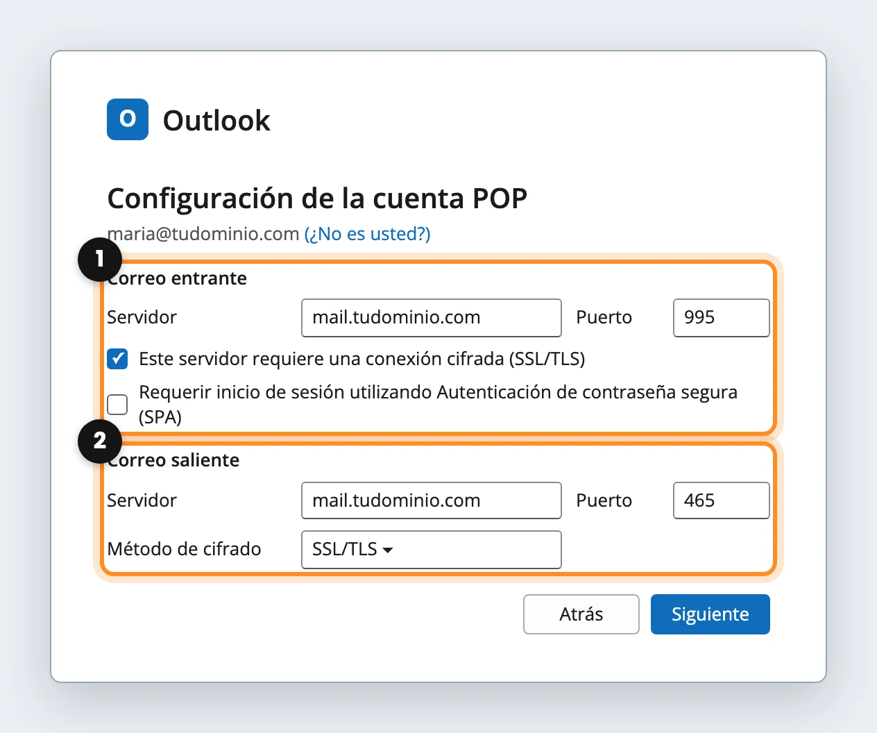 Configuración de la cuenta POP con el correo entrante en el puerto 995 y el saliente en el 465