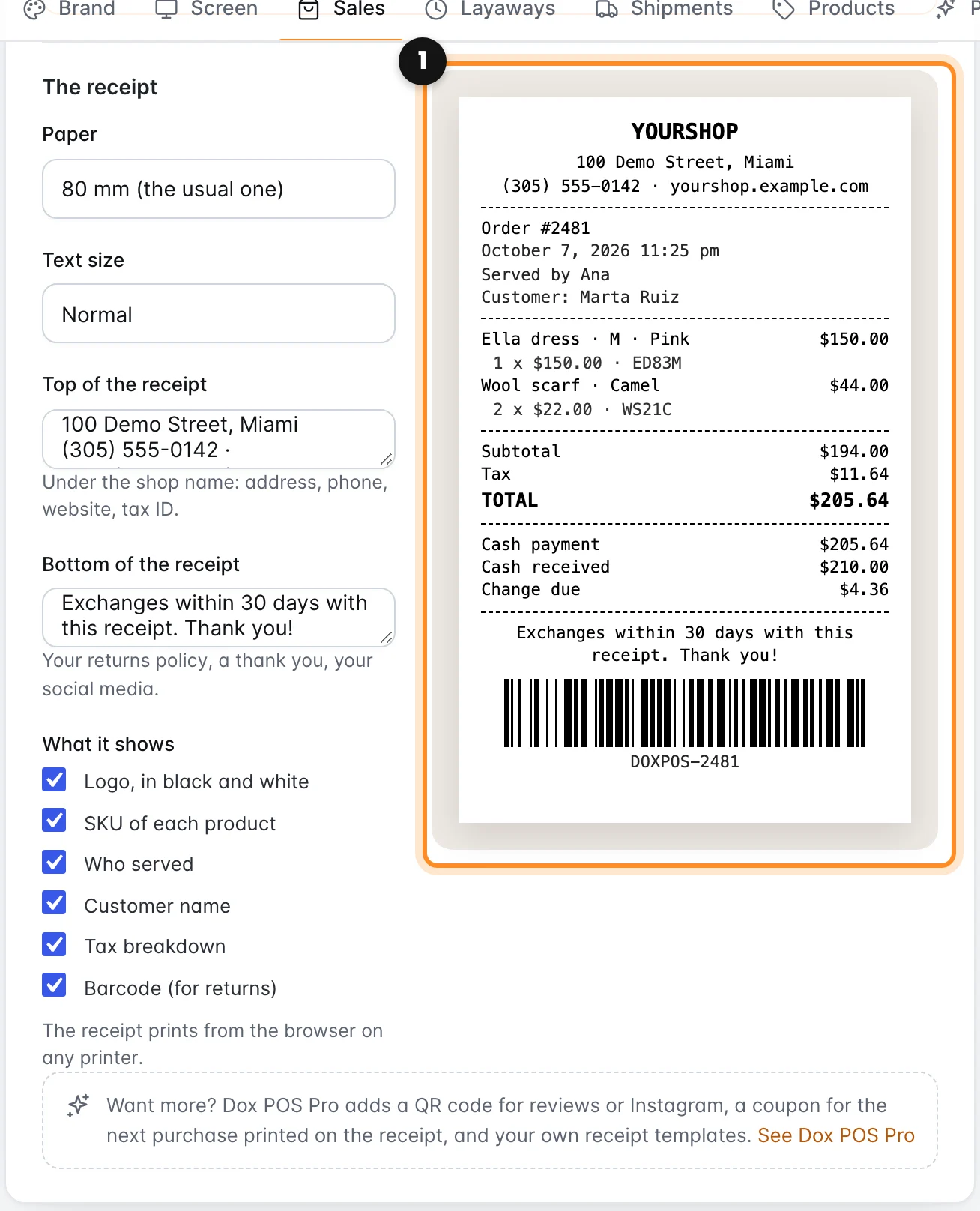 The receipt editor in the Sales tab of the settings, with the paper, text size, top, bottom, what it shows and the preview marked
