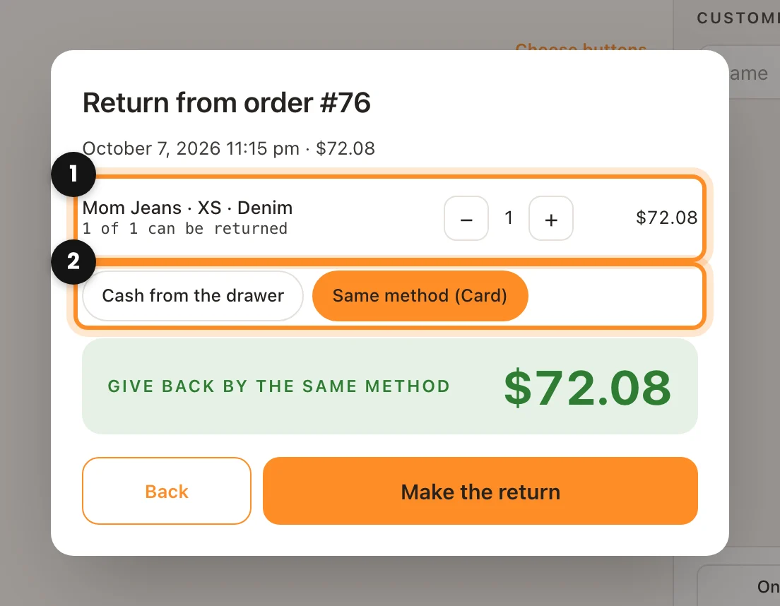 The return window for an order with the pieces to return, how the money goes back and the amount marked
