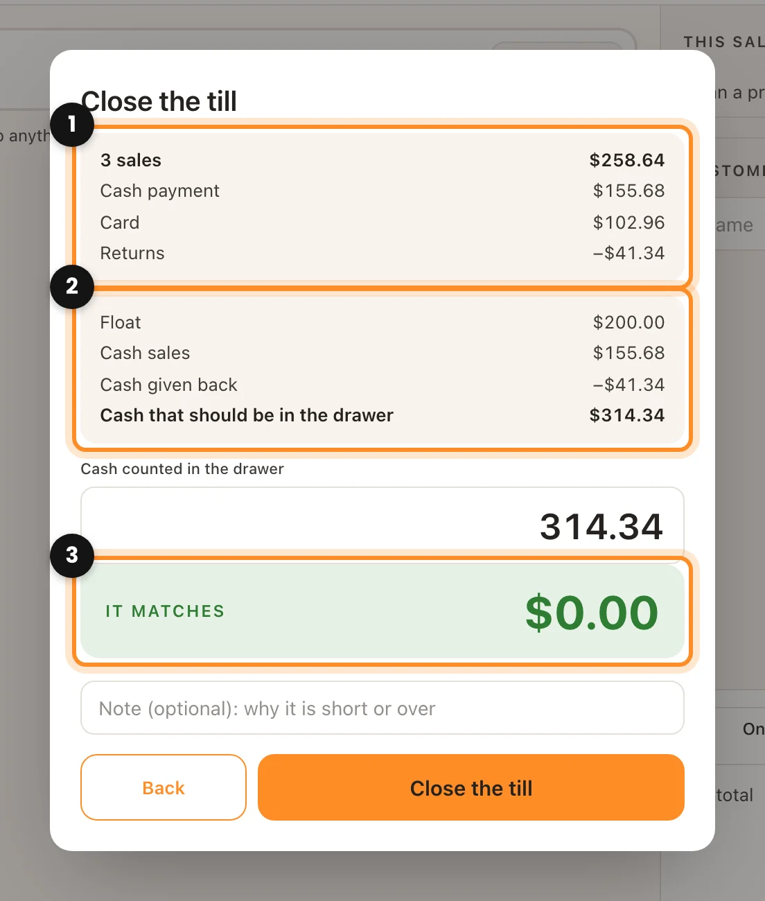 The Close the till window with the sales by payment method, the cash that should be in the drawer, the cash counted and the difference marked