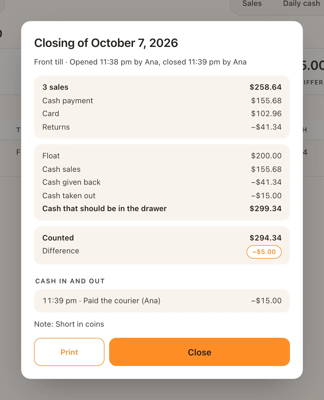 The detail of a closing with sales by payment method, the cash, the difference, the cash in and out and the note