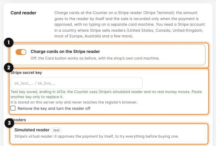 The Card reader card with the switch, the secret key and the simulated reader marked