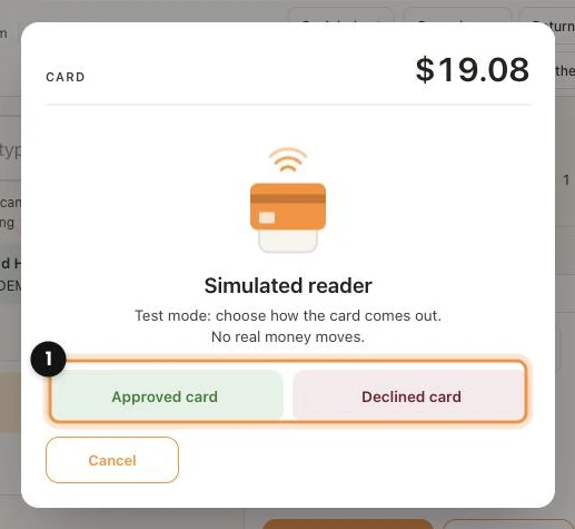 The card payment window in test mode, with the Approved card and Declined card buttons marked