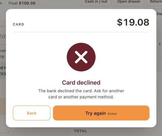 The card payment window with the red Card declined cross and the reason