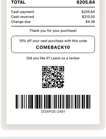 The bottom of the receipt with the coupon in a box, the QR text and the QR code