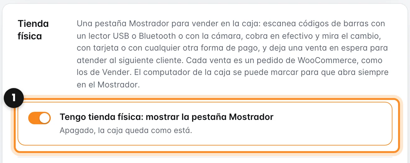 La tarjeta Tienda física en la pestaña Ventas de los ajustes, con el interruptor Tengo tienda física marcado
