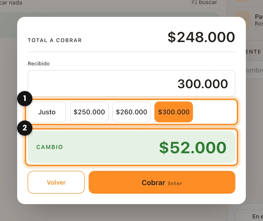 La ventana de cobro en efectivo con el total, lo recibido, los billetes sugeridos y el cambio marcados