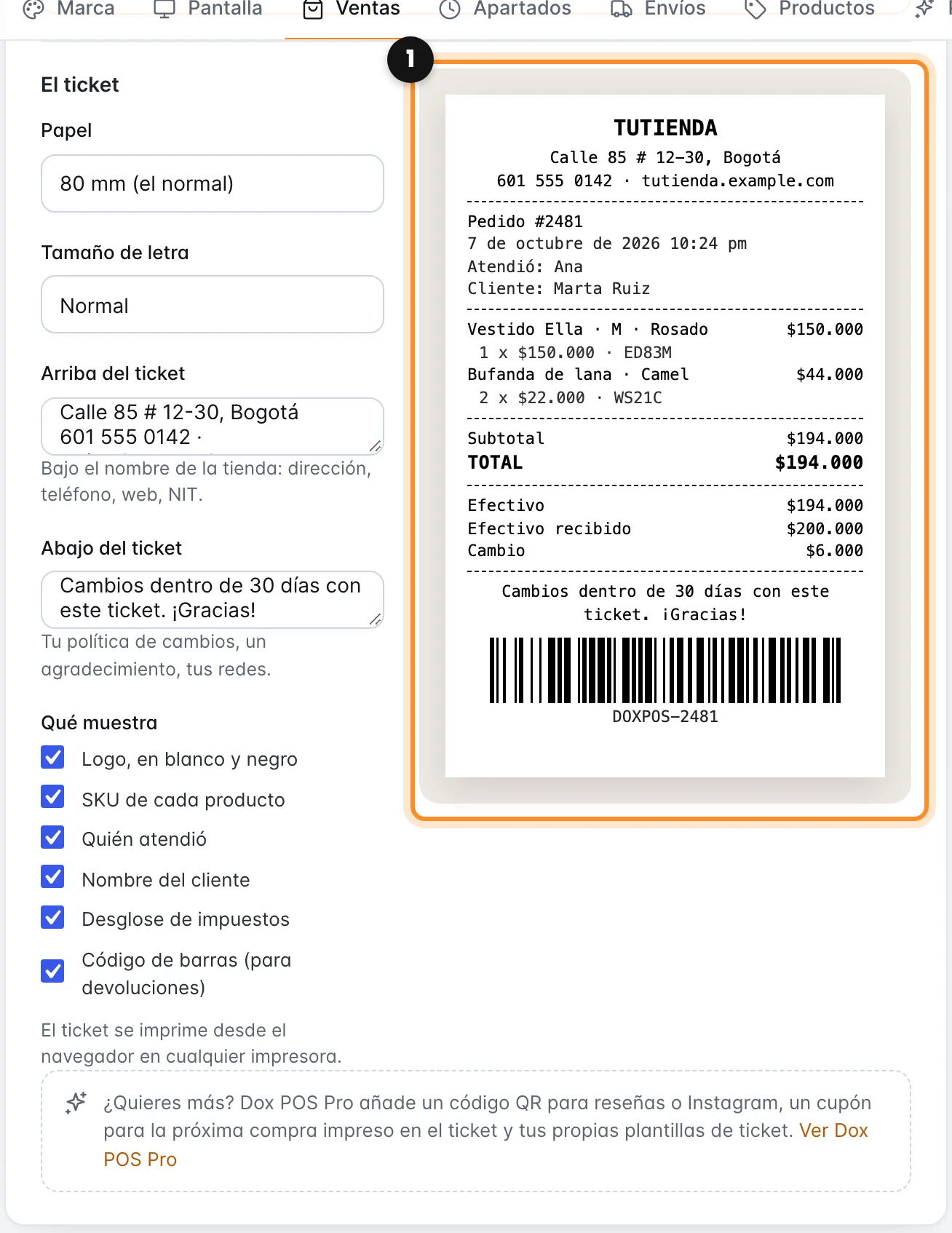El editor del ticket en la pestaña Ventas de los ajustes, con el papel, el tamaño de letra, el encabezado, el pie, qué muestra y la vista previa marcados