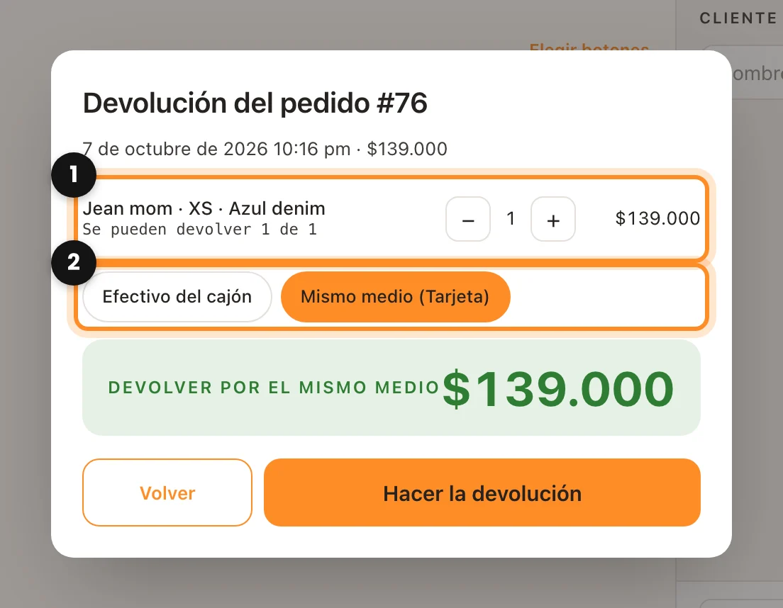 La ventana de devolución de un pedido con las piezas para devolver, la forma de devolver el dinero y el monto marcados