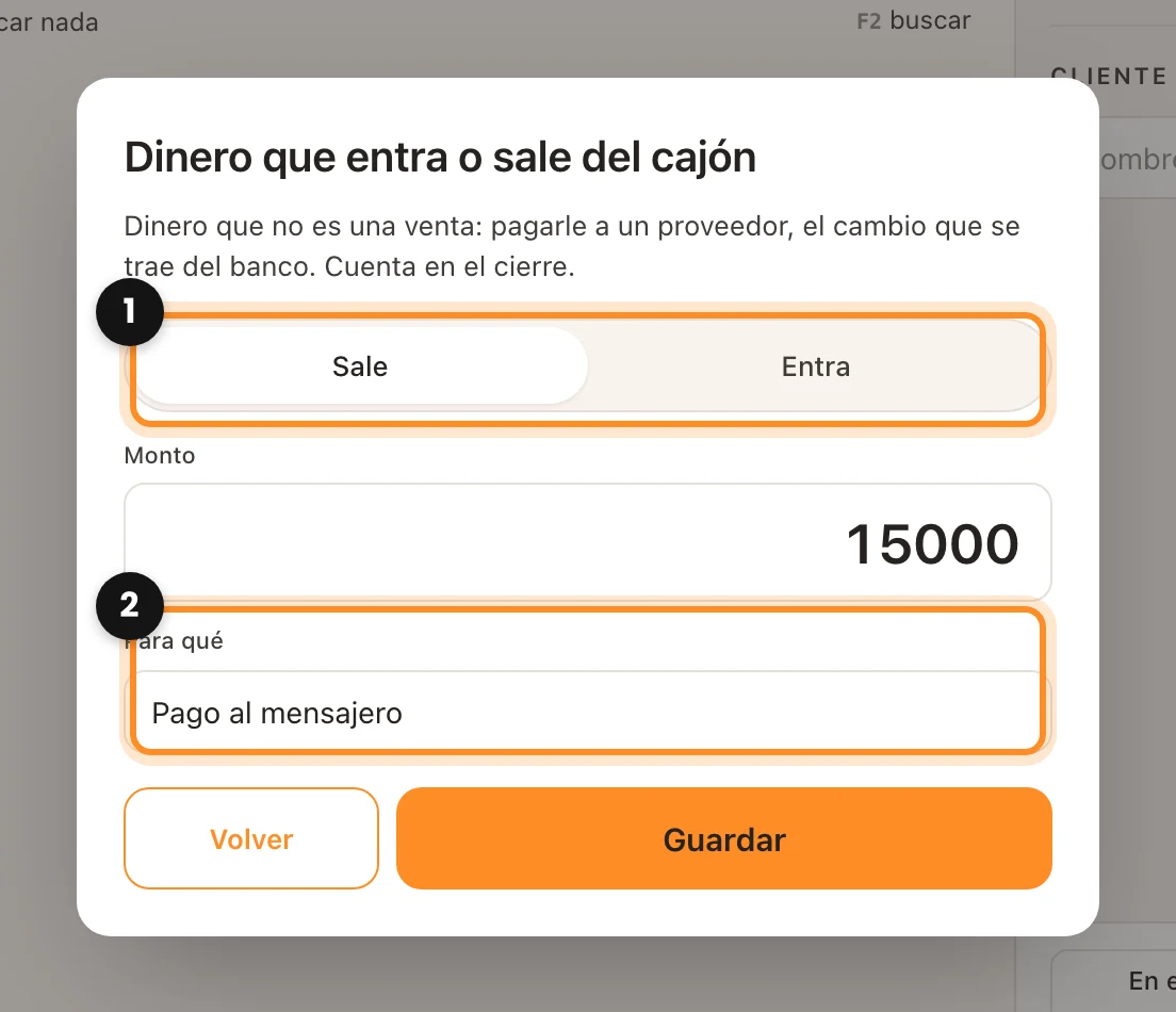 La ventana Dinero que entra o sale del cajón con Sale o Entra y el motivo marcados