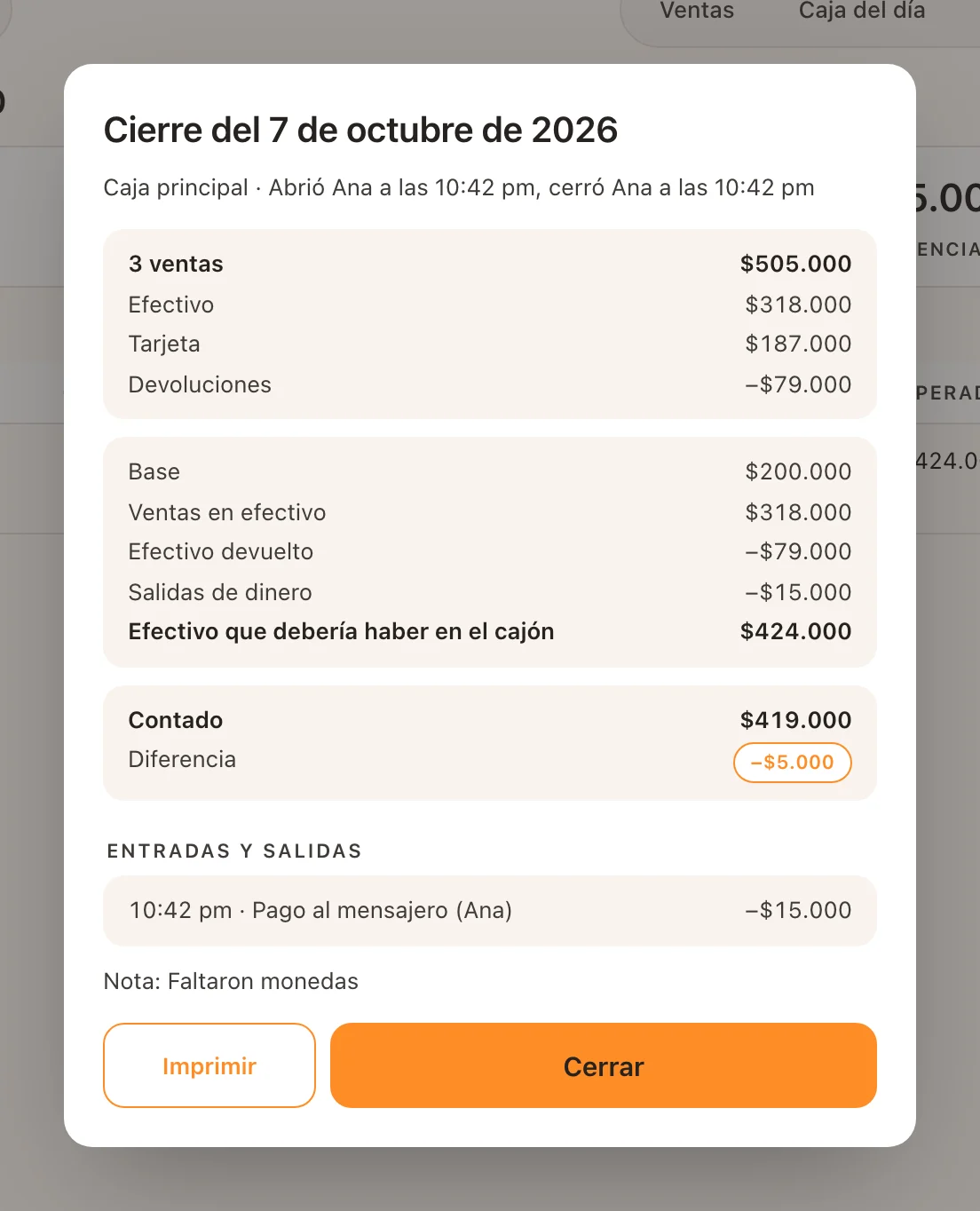 El detalle de un cierre con las ventas por forma de pago, el efectivo, la diferencia, las entradas y salidas y la nota